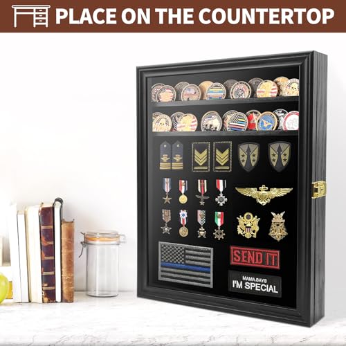 Challenge Coin Display Case, 7 Rows Lockable Military Coin Display Cabinet with UV Acrylic Door, Removable Shelves & Felt Background, Large Shadow Box - size: XL-7 Rows