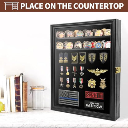 Challenge Coin Display Case, 7 Rows Lockable Military Coin Display Cabinet with UV Acrylic Door, Removable Shelves & Felt Background, Large Shadow Box - size: XL-7 Rows
