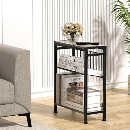 Small Side Table Set of 2 for Small Space, 3-Tier Narrow End Table with Magazine Holder, Slim Nightstand, Skinny Snack Couch Table in Living Room, Bedroom, Kitchen and Balcony (Greige) - color: Greige-2pcs
