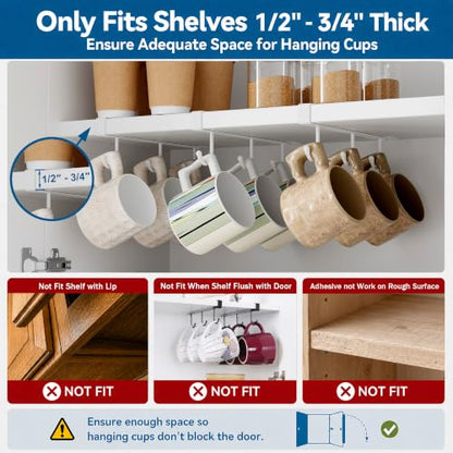 ECROCY Coffee Mug Holder Under Cabinet Only Fits Shelves up to 3/4" Thick, Clip-On Coffee Cup Holder Pack of 3, No Drilling Free Damage - color: White