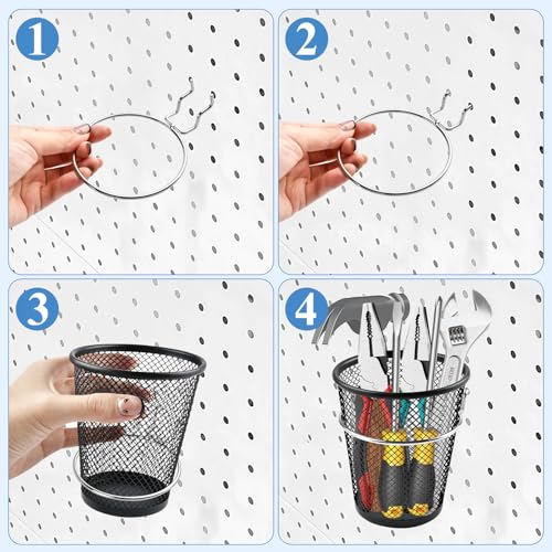 6 Sets Pegboard Cups with Ring, Metal Pegboard Bin with Hooks, Black Multipurpose Pegboard Organizer Accessories Pencil Holder Peg Boards for Desk Classroom Office Garage Workshop