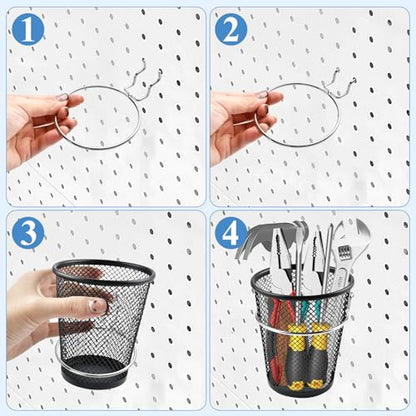 6 Sets Pegboard Cups with Ring, Metal Pegboard Bin with Hooks, Black Multipurpose Pegboard Organizer Accessories Pencil Holder Peg Boards for Desk Classroom Office Garage Workshop