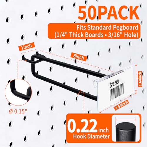 50 Pcs 8 Inch Long Pegboard Hooks with Label Slot for 1/4" Pegboard, Extra Long Heavy Duty Hangers for Tools, Cables, Bulk Storage – Garage & Shop Organization - size: 8inch-50pcs