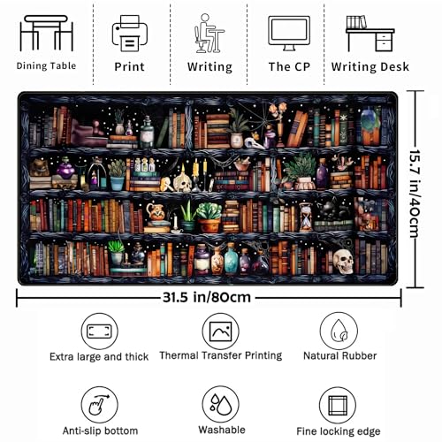 Desk Mat Forest Library Book Mouse Pad Big Desk Pad XXL Extended Gaming Large Mouse Pad for Desk Rubber Base Mousepad with Stitched Edges, Keyboard Mouse Mat for Work Game Office Home 31.5x15.7 in - color: Black Forest Library