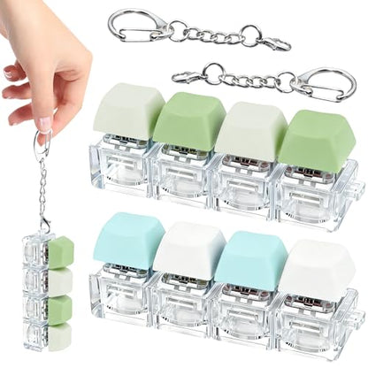 2 PCS 4-in-1 Keyboard Fidget Toy Keychain, Finger Clicky Button Toy Stress Relief Keychain with Swappable Keycaps, Mini Mechanical Key Fidget for Office Desk Focus Gifts (Green Blue White) - color: Green Blue White