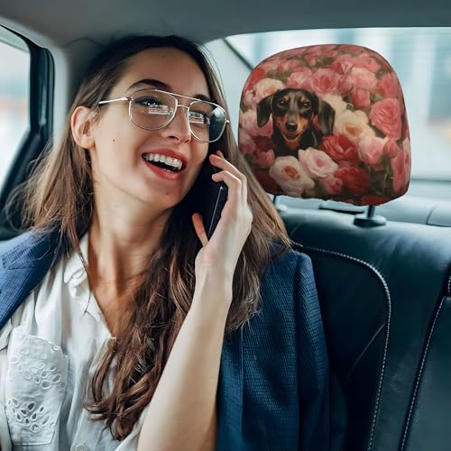 Car Seat Headrest Cover 2pc Lovely Rose Dog Pattern Car Headrest Protector Universal - color: Flower Dog Red