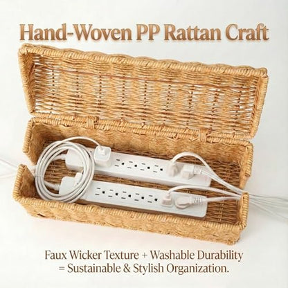 Handwoven Rattan Cable Management Box - Box to Hide Cords and Power Strip, Treasure-Box Dome-Top, Metal Baked Enamel Skeleton, Decorative Home Organizer