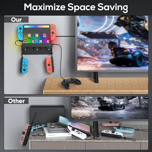 YUANHOT RGB Wall Mount for Nintendo Switch/OLED with Light & Storage(Black) | 7 RGB Light Modes, Game Card Slots, Controller Wall Holder, USB 3.0 Charge Port - size: Black