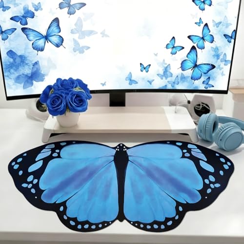 Tellegloww Large Blue Butterfly Gaming Mouse Pad Desk Mat Decorative Butterfly Keyboard Desk Mat with Non-Slip Base Table Accessories for Office Home Study 35.43 x 15.75 Inches - color: Blue, style: Butterfly
