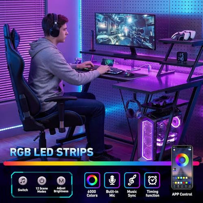 Korfile 55 Inch Black Gaming Desk with LED Lights & Power Outlet, Gaming Computer Desk with Storage Shelves, L Shaped Gamer Workstations with Monitor Stand for Bedroom - size: 55 Inches
