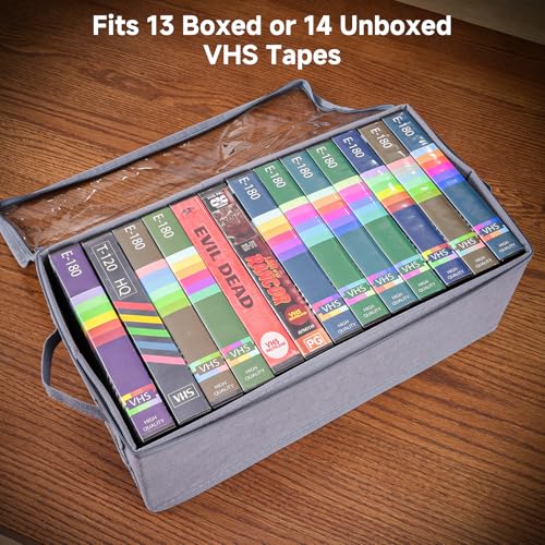 VHS Storage Box – 2 Pack Cassette Tape Storage Organizer with Clear PVC Lid – Stackable Storage Box Holds 14 Clamshell VHS Tapes – Gray Media Case - size: VHS-2Pack-Gray