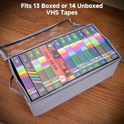 VHS Storage Box – 2 Pack Cassette Tape Storage Organizer with Clear PVC Lid – Stackable Storage Box Holds 14 Clamshell VHS Tapes – Gray Media Case - size: VHS-2Pack-Gray