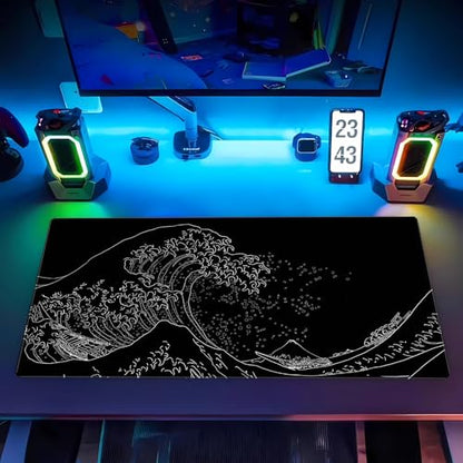 Great Wave Desk Mat, Black White Line Art Large Gaming Mouse Pad | Minimalist black and white wave desk pad with 3mm dense cushion, smooth cloth top, and non-slip rubber foundation. - color: Ukiyo-e of the Waves