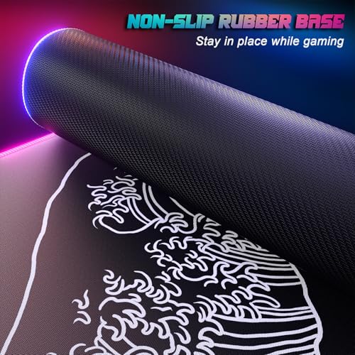 ITNRSIIET RGB Gaming Mouse Pad, Full Desk XL Extended Large Gaming Mousepad, 12 Lighting Modes 30% Thicker Big LED Desk Mat for Gamers, 32 x 12 inches, Waves Under The Moon - color: Waves Under the Moon