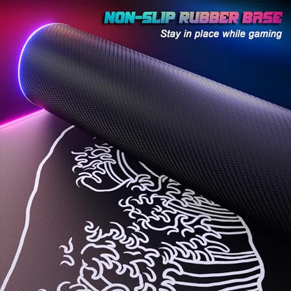 ITNRSIIET RGB Gaming Mouse Pad, Full Desk XL Extended Large Gaming Mousepad, 12 Lighting Modes 30% Thicker Big LED Desk Mat for Gamers, 32 x 12 inches, Waves Under The Moon - color: Waves Under the Moon