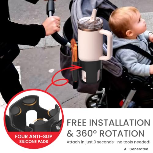 Stroller Cup Holder with Phone Holder - [Upgraded Anti-Slip Grips] Walker Cup Holder, Wheelchair, Stroller Accessories, 2-in-1 Cup Phone Holder for Stroller, Bike, Wheelchair, Walker, Scooter - Black - color: Black-1