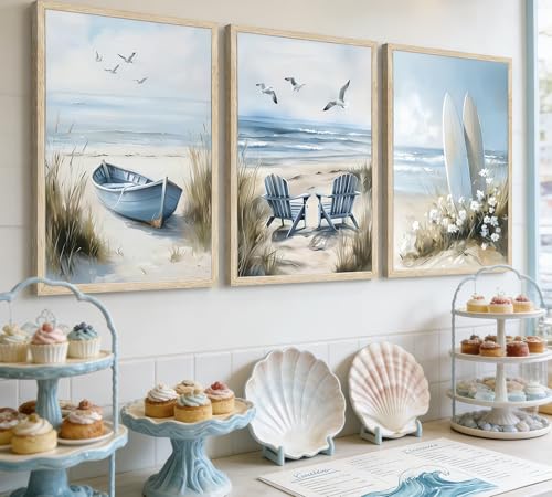 3 Piece Coastal Beach Wall Art for Bathroom, Ocean Seaside Scene Canvas Print with Boat, Adirondack Chairs & Surfboards, Serene Blue Beach Pictures Wall Decor for Bedroom Living Room, Unframed, 16x24Inches - color: Beach leisure, size: 24"L x 16"W