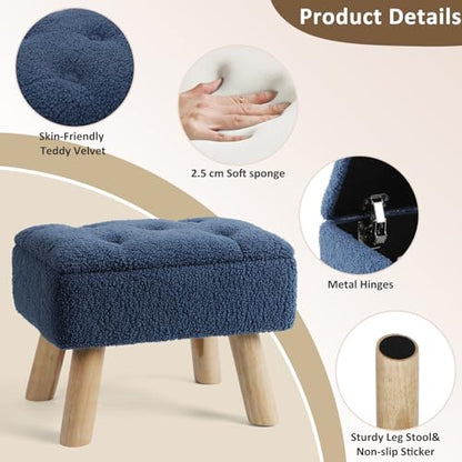 OGEMXU Storage Ottoman, Small Foot Stool Ottoman with Storage, Boucle Teddy Velvet Foot Rest with Padded Seat, Sturdy Wood Legs Stool for Living Room, Bedroom, Couch, Enterway (Dark Blue) - color: Dark Blue