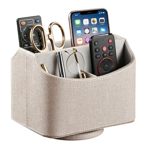 PUSU Leather 360°Rotatable Remote Control Holder,Nightstand TV Remote Caddy,Office Supplies Desktop Organizer,Spinning Storage Box for Pen,Mail,Phone,DVD, Blu-Ray, Media Player, Heater Controllers - color: A Elegant Beige