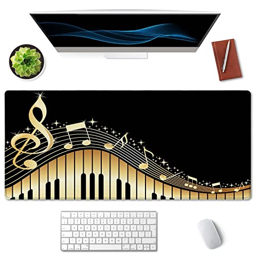 SSOIU Old Vintage Piano and Music Note Mouse Pad 35.5 X 15.7 Inch XXL Black Full Desk Mousepad Extended Large Non-Slip Rubber Base Waterproof Big Keyboard Mat with Stitched Edges for Gaming and Office - color: Music Note