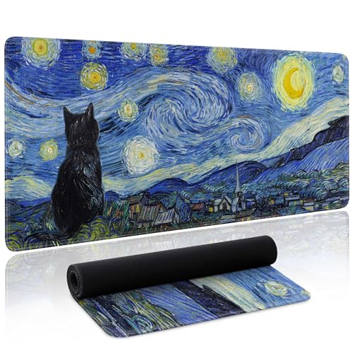 Starry Night Cat Gaming Mouse Pad Large Desk Mat Extended Keyboard Mouse Pad Anime Mousepad with Non-Slip Base and Stitched Edge Mouse Mat Desk Pad 31.5 x 11.8 Mouse Pads for Desk Home Office Gaming - color: Starry Night Cat