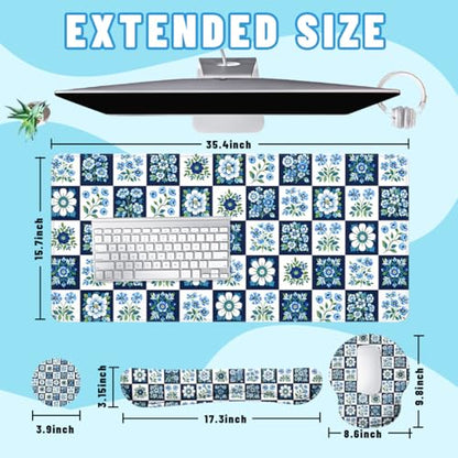 Blue Floral Tile Desk Mat Set Classic Check Botanical Mouse Pad with Wrist Rest 4in1 Desk Mat for Desktop Ergonomic Computer Desk Arm Wrist Anti-Slip Computer Ergonomic Mouse Pad Home Office Gaming - color: Blue Floral Tile