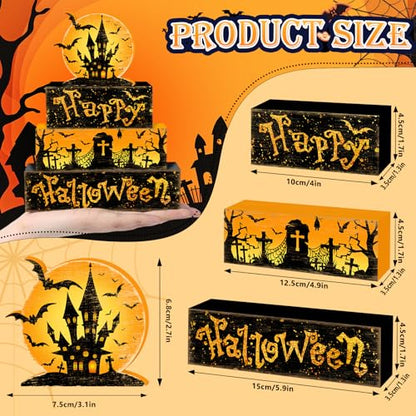 Britimes 4 Pcs Halloween Decorations for Home Wooden Tiered Tray Decorations Set Full Moon Happy Halloween Table Decor Farmhouse Rustic Tabletop Decor for Table & Home Office - style: Haunted House