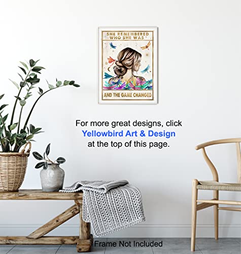 Inspirational Positive Quotes Wall Art Decor - She Remembered Who She Was And The Game Changed - Hippie Boho Motivational Poster - Encouragement Gifts for Women - Rustic Girls Bedroom Home Office