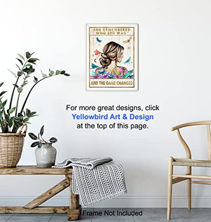 Inspirational Positive Quotes Wall Art Decor - She Remembered Who She Was And The Game Changed - Hippie Boho Motivational Poster - Encouragement Gifts for Women - Rustic Girls Bedroom Home Office