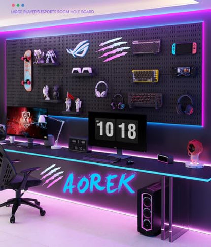 RGB Gaming Wall Organizer Peg Board with RGB LED Strip Lights, 2PCS Metal Gamer Wall Decor Peg Board with Hooks, DIY Gaming Setup Organizer PegBoard Gaming Wall Accessories 12 * 24”