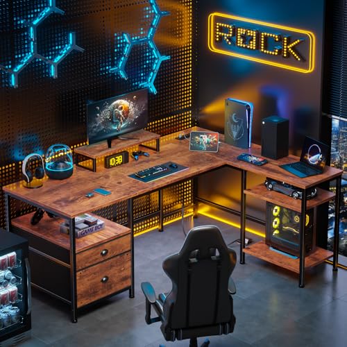 Furologee L Shaped Computer Desk with Power Outlet, Reversible Home Office Desk for Work Study, 50 Inch Corner Gaming Table with File Drawer, Monitor Stand, Storage Shelves, Rustic Brown - color: Rustic Brown, size: 50 Inch