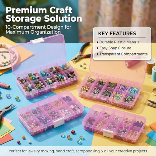 4-Pack Clear Pink Plastic Storage Boxes, 10-Compartment Durable Small Organizer Containers with Latching Closure, Ideal for Jewelry, Beads, Fishing Tackle, and Electronic Components - color: Pink