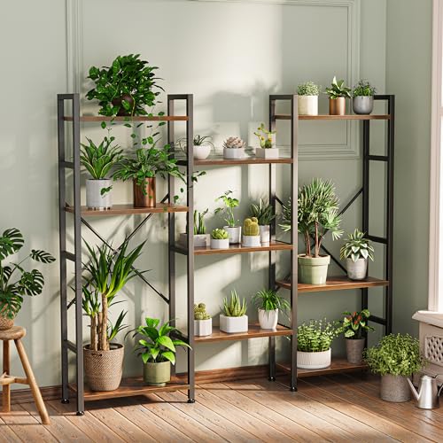 SUPERJARE Triple Bookshelf, Bookcase with 11 Open Display Shelves, Wide Book Shelf Book Case for Home & Office, 4 Tier, Brown - color: Rustic Brown, size: 4 Tier