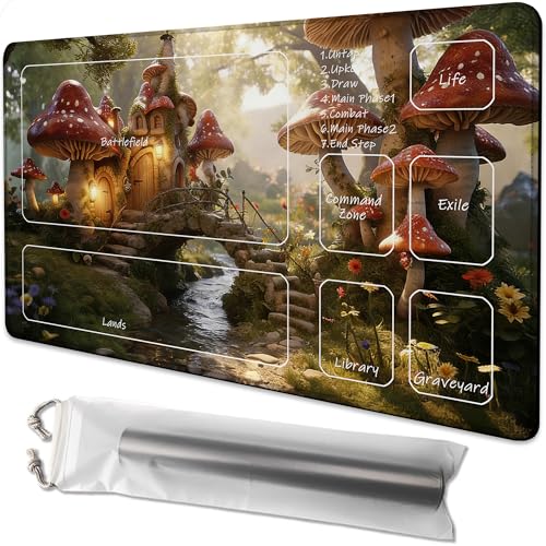 Playmat for MTG Enchanting Mushroom Houses Magic Play Mat 24x14 Inch Card Game Mat for Magic The Gathering TCG PTCG Playmat with Free Storage Bags Non-Slip Backing and Stitched Edge - color: Enchanting Mushroom Houses With Zones