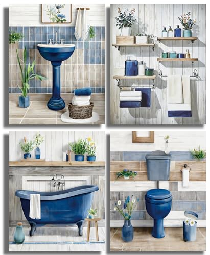 Blue Bathroom Wall Art Decor Set of 4,Retro Blue Bathroom Theme Pictures Wall Decor,Rustic Farmhouse Canvas Posters for Washroom Coastal Wall Art Home Gift (8x10 Inch Unframed) - color: 8x10inch（unframed）bathroom Wall Art