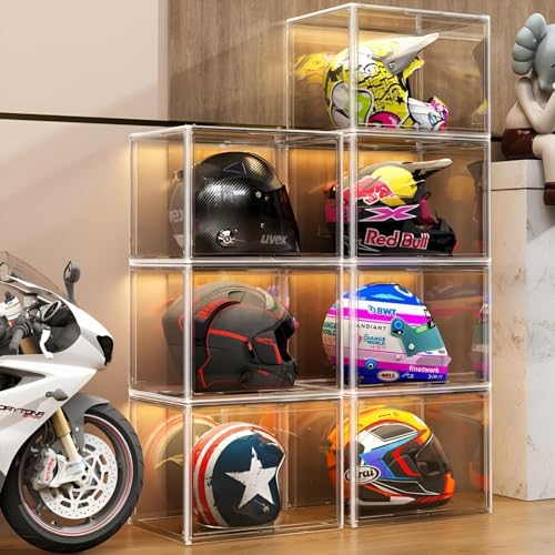 GUDEMAY Large Clear Stackable Plastic Storage Bins with Door, Dustproof Figures Collectibles Display Case, Football & Motorcycle Helmet Showcase, Basketball, Memorabilia Organizer Box (XL, Count, 1) - size: XL