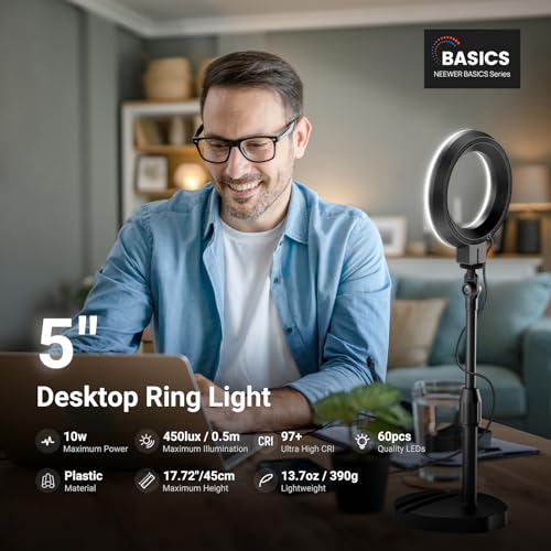 NEEWER Basics 5" LED Desktop Ring Light with Stand, Monitor Clamp, 10W, Compatible with iPhone Desk Computer Laptop Webcam Phone for Selfie Makeup Recording Zoom Video Conference Lighting, Black BR60 - color: Black, size: 5"w/Round Base