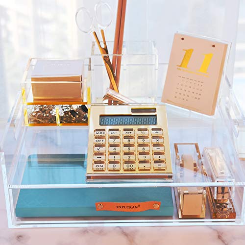 Acrylic Calculator with Stand, Battery and Solar Hybrid Powered Basic Calculator 12-Digit LCD Display,Home Office Desktop Accessories(Gold) - color: Gold