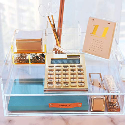Acrylic Calculator with Stand, Battery and Solar Hybrid Powered Basic Calculator 12-Digit LCD Display,Home Office Desktop Accessories(Gold) - color: Gold