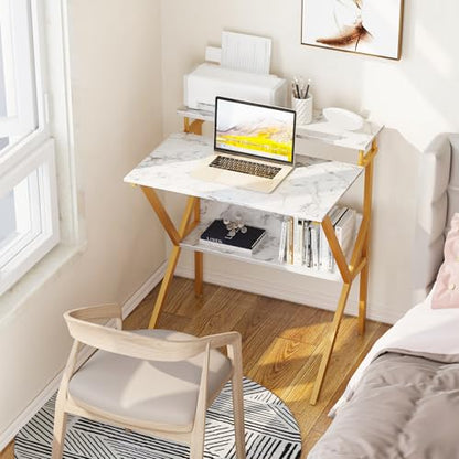 ODK Small Desk, 27.5 Inch Computer Desk for Small Spaces, Study Desk with Storage & Monitor Stand, White Marble + Gold Leg - color: White Marble