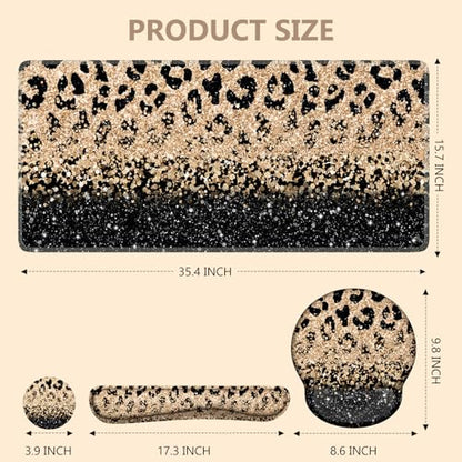 iLeadon Mouse Pad Set, Desk Mat + Mouse Pad with Wrist Rest + Keyboard Wrist Rest + Coaster, 4in1 Leopard Mouse and Keyboard Pad Set for Home Office, Black Gold Leopard - color: Black Gold Leopard