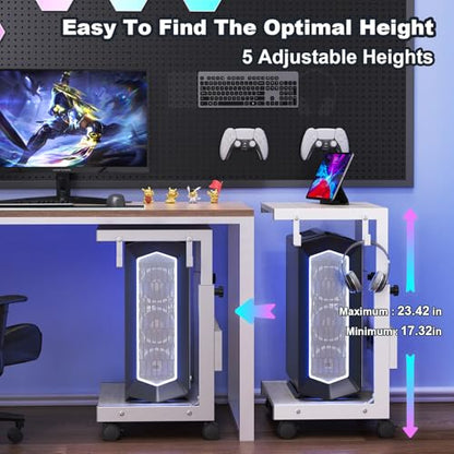 Computer Tower Stand with Charge Station and USB Charging Port - Height Adjustable PC Tower Stand, Under Desk CPU Holder Cart with Locking Caster Wheels for Fits Most PC - color: White