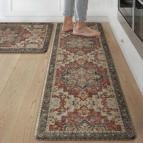 GENIMO Kitchen Mats for Floor 2PCs, Washable Anti Fatigue Mat for Cushioned, 17.3"x59"+17.3"x30", Waterproof Kitchen Rugs, Non Slip Comfort Standing Mat Rug for Home, Sink, Laundry, Bordeaux - color: Bordeaux Red, size: 17.3"x59"+17.3"x30"--0.4 inches