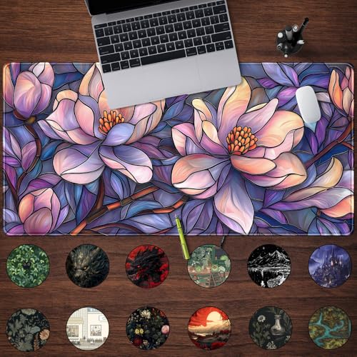 Floral Desk Mat Gaming Large Mouse Pad Desk Keyboard Pad, Long Computer Mat Faux Stained Glass Artistic Patterns Mouse Mat, Aesthetic Floral Purple & Pink Desk Protector Office Decor 31.5" X 15.7" - color: Purple