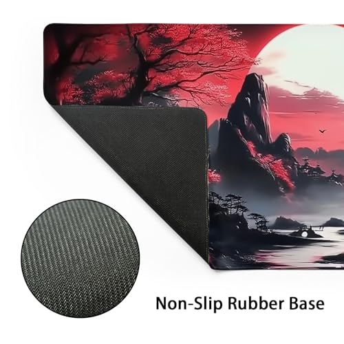 Black Red Japanese Gaming Mouse Pad XL Moon Sakura Cherry Blossom Extended Big Large Desk Mat Non-Slip Rubber Base Stitched Edge Long Keyboard Mousepad for PC Computer Laptop,31.5×11.8 in - color: Red Japanese Sakura, size: X-Large