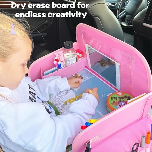 MENZOKE Kids Travel Tray for Toddler Car Seat, Road Trip Activities for Kids with iPad Holder Stand & Dry Erase Board, Road Trip Essentials Accessories Lap Tray as Travel Gifts for Kid, Pink - color: Ariel PinkStar