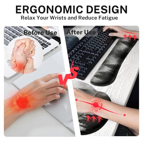 Arttown Misty Desk Mat Forest Mouse Pad Set 4 in 1 Tree Foggy Ergonomic Design Large Desk Pad + Keyboard Wrist Rest + Mouse Wrist Rest + Coaster Suitable for Home Office Study Game - color: Forest in Fog