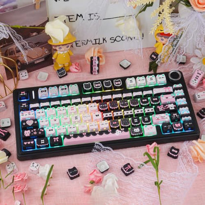 PBT Keycaps - Side Print Cat Keycaps, 113 Keys Shine Through Dye-Sub Cute Keycap, Mao Profile Custom Keycap for 60 65 75 100 Percent Cherry MX Mechanical Keyboard - color: Black Pink Meow