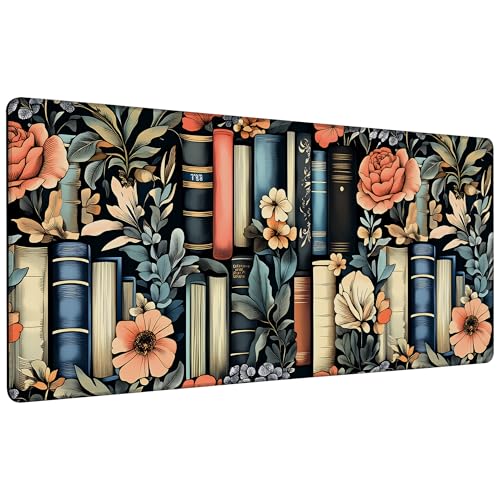 Books and Flowers Gaming Mouse Pad 35.4 x 15.7 Inches with Non-Slip Rubber Base, Smooth Cloth Surface Desk Keyboard Mat for Computer, PC, Laptop, Desktop - color: Books and Flowers