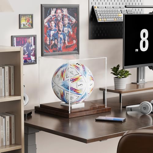 VGMiu Soccer Ball Display Case with Wood Base, Clear Acrylic Display Case Soccer Box with Removable Built-in Ball Holder for Autographed Balls, Sports Collectibles, Memorabilia Displays - size: Soccer Case